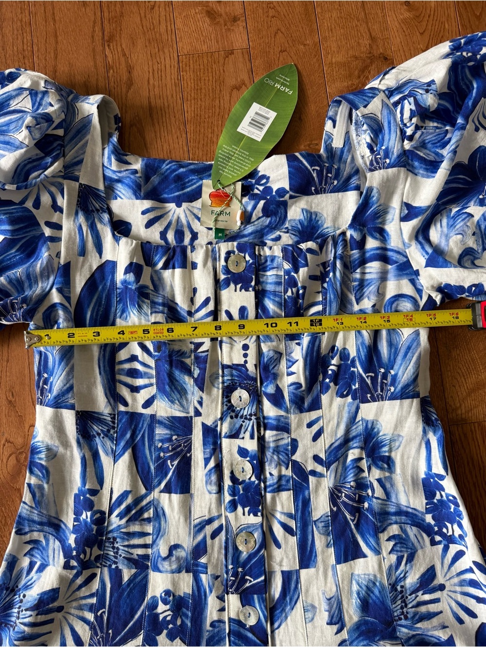 Farm Rio Garden tiles plaid off-white mini dress linen, size medium NWT - Picture 11 of 13